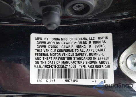 2016 Honda Civic Ex-T z USA, uszkodzony, nr VIN 19XFC1F33GE214068